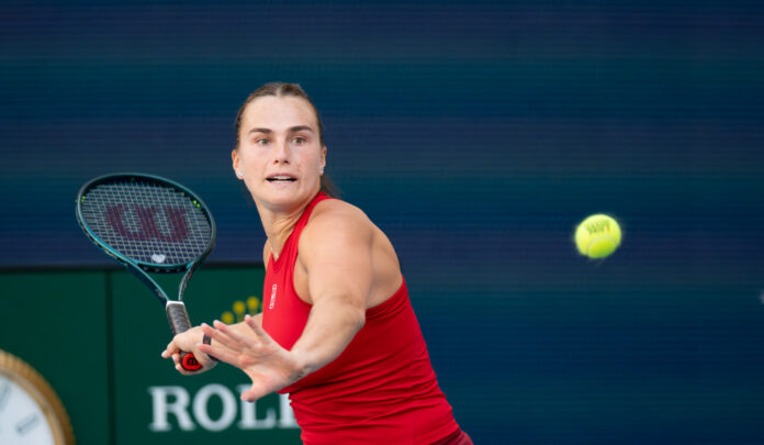 Sabalenka retuning serve at Miami Open