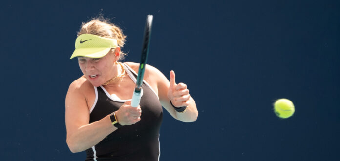 Amanda Anisimova returns serve at Miami Open 2026