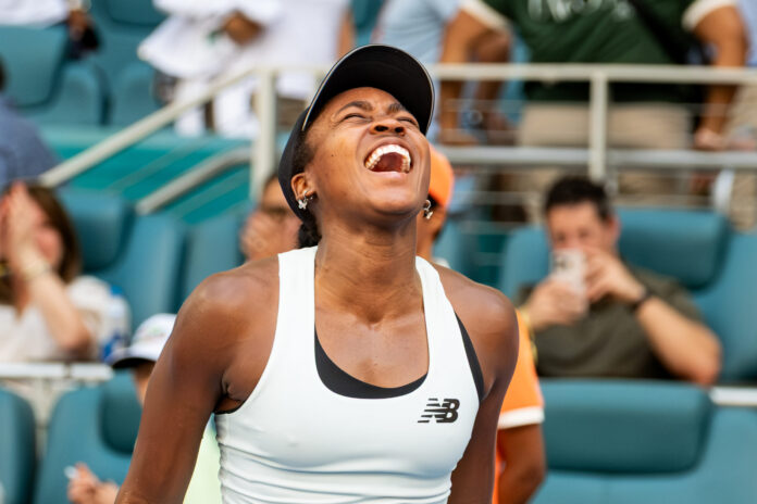Coco Gauff celebrates during her 6-1, 6-1 semifinal win over Karolina Muchova at the 2026 Miami Open