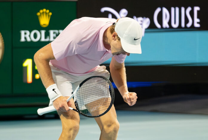 Jannik Sinner pumps his fist in celebration during his Miami Open 2026 semifinal win against Alexander Zverev at Hard Rock Stadium in Miami Gardens