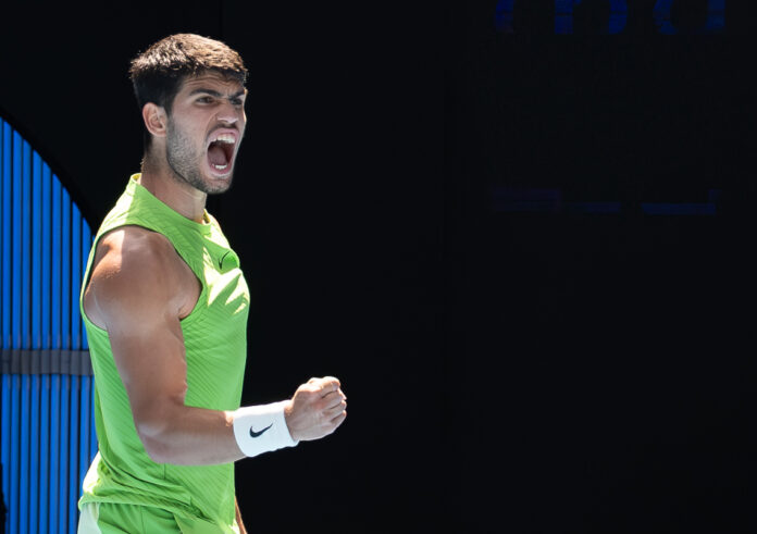 Carlos Alcaraz of Spain Yells after winning a point at Australian Open 2026