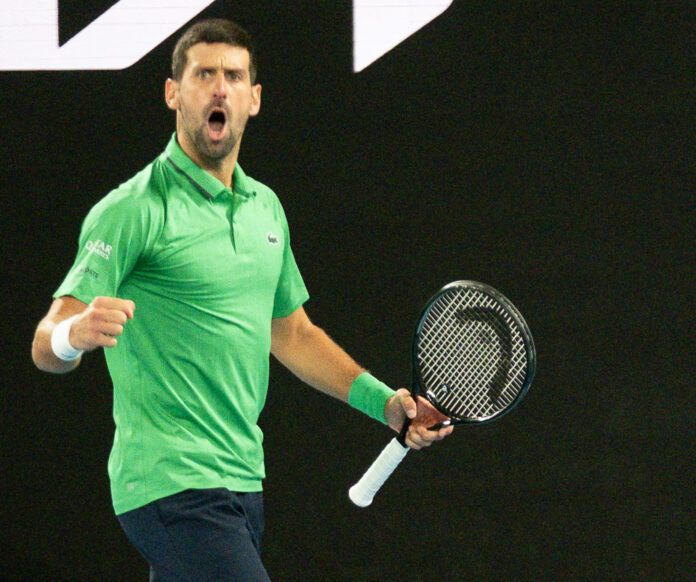 Novak Djokovic of Serbia reacts at Australian Open 2026