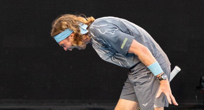 Andrey Rublev yells after a point a the Australian Open