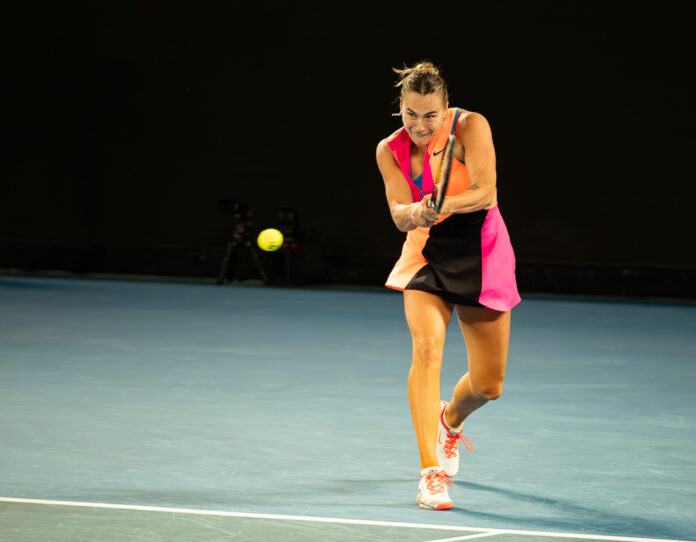 Aryna Sabalenka hits a return at the Australian Open