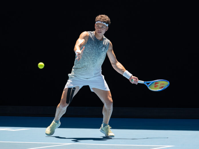 Ben Shelton of the USA ready to hit a return at the Australian Open 2026