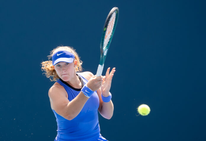 Mirra Andreeva returns a shot at the Miami Open 2026