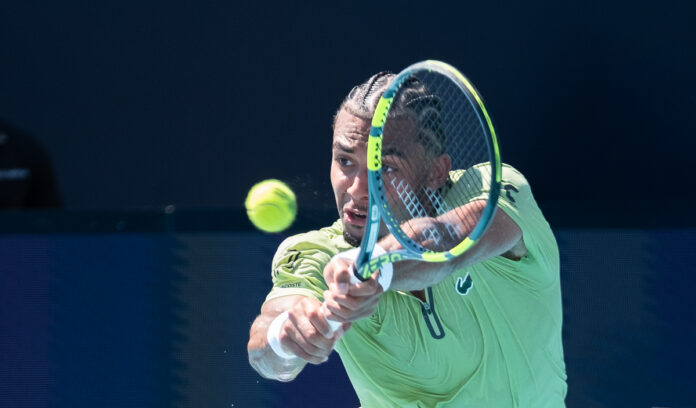 Arthur Fils of France returns a shot at the Miami Open 2026