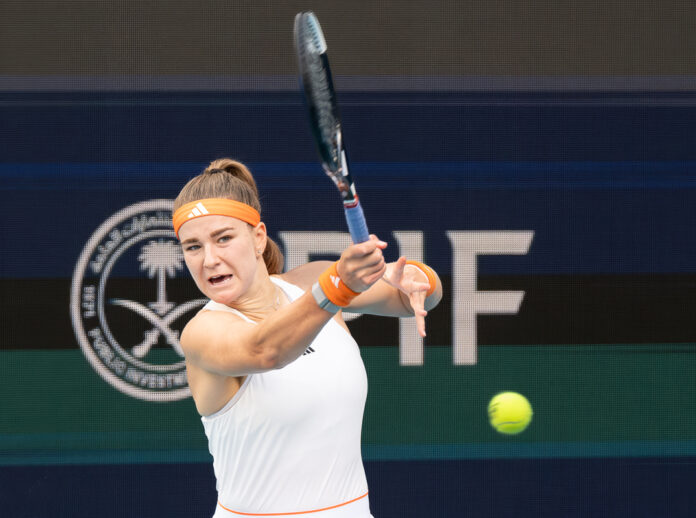 Karolina Muchova returns a shot at the Miami Open 2026