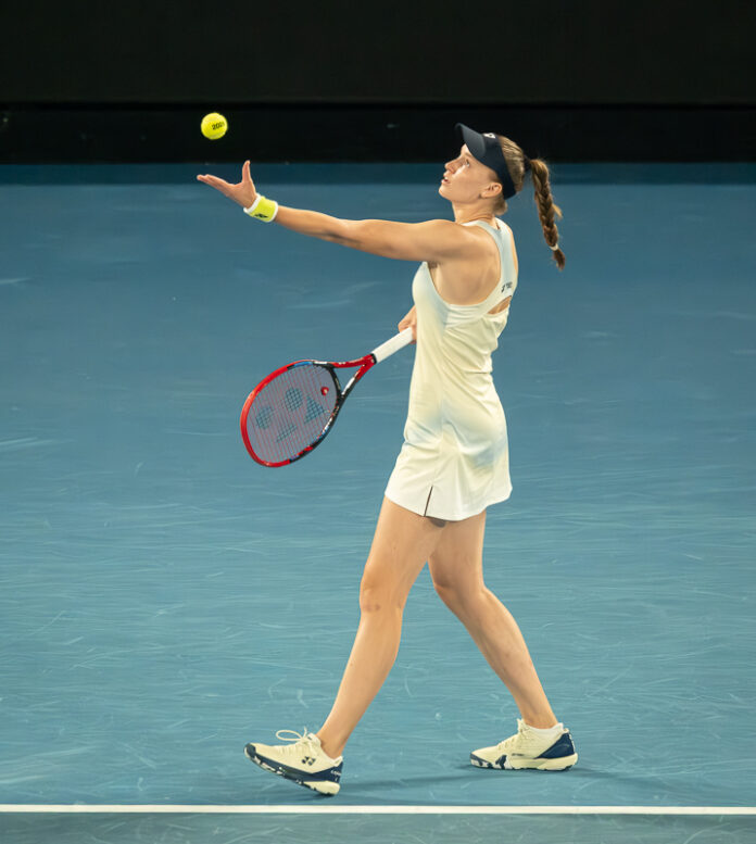 Elena Rybakina of Kazakhstan serves at the Australian Open 2026 Finals