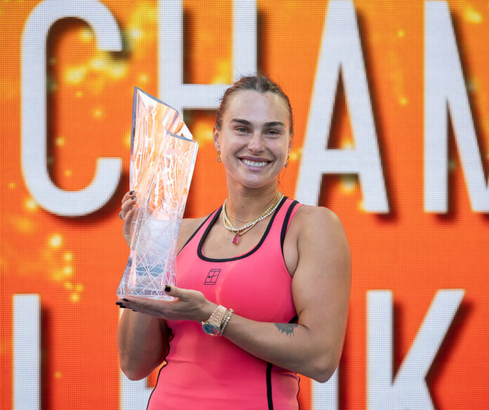 Sabalenka holds trophy after winning the Miami Open 2026