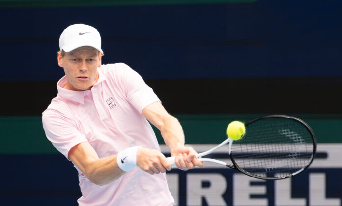 Jannik Sinner of Italy returning a serve at the Miami Open 2026