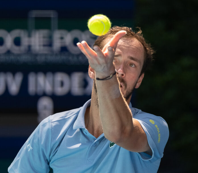 Medvedev serving at the Miami Open 2026