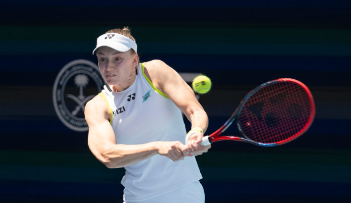 Elena Rybakina hitting a backhand at the 2026 Miami Open