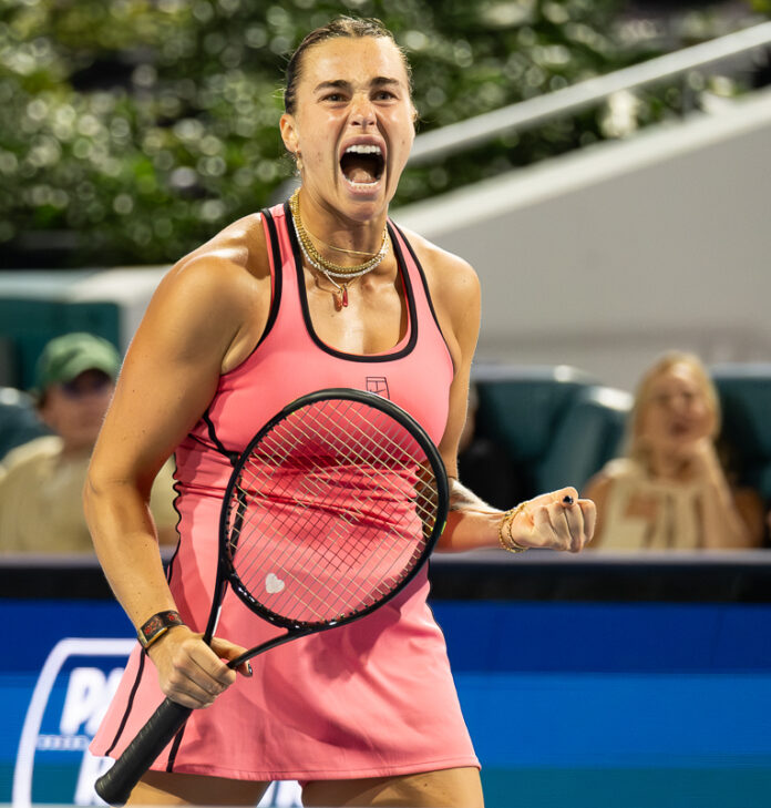 Aryna Sabalenka celebrates at Miami Open 2026