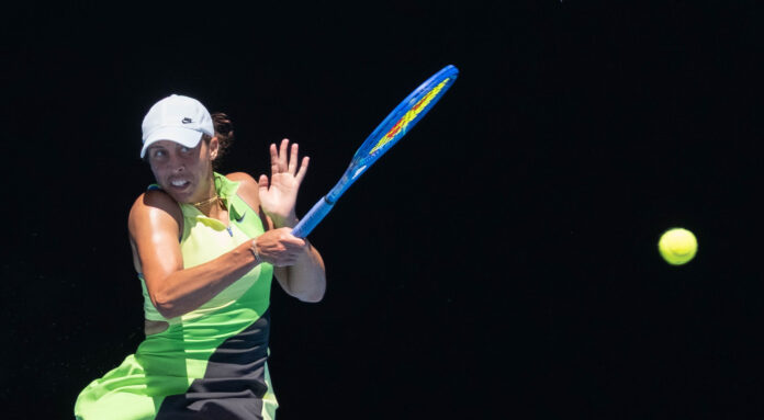 Madison Keys hits a return at the Australian Open 2026
