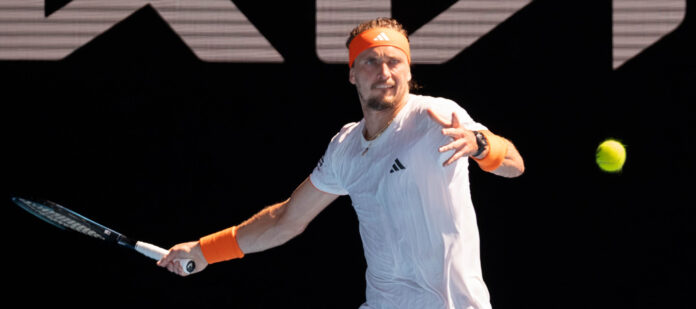 Alexander Zverev hits a forehand on the hard courts of the 2026 Australian Open