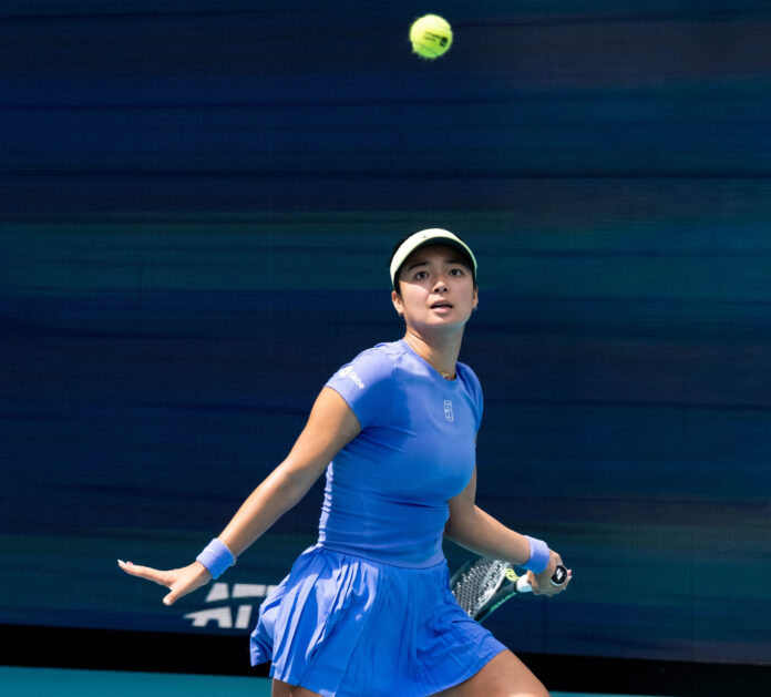 Alexandra Eala waits for the ball at the Miami Open 2026