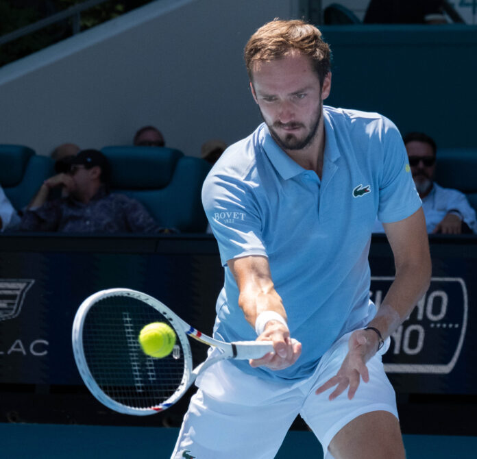 Daniil Medvedev hits a return at the Miami Open 2026