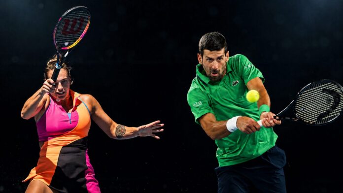 Composite of Aryna Sabalenka and Novak Djokovic photographed at the 2026 Australian Open