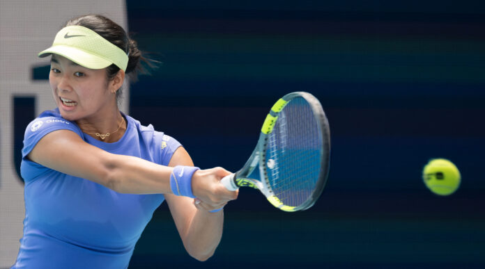 Alexandra Eala uses a two handed backhand at the 2026 Miami Open