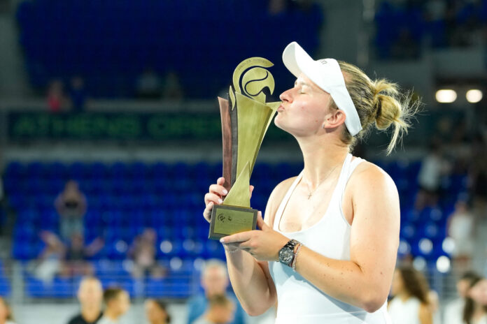 Winner and third seed Barbora Krejcikova (CZE) poses with the trophy at the 2026 Vanda in Athens