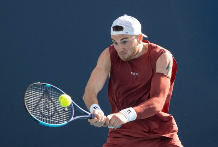 Jack Draper hits a return at the Miami Open