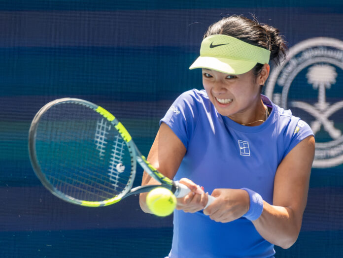 Alex Eala hits a return at the Miami Open 2026