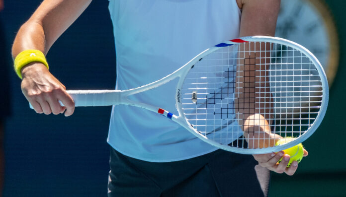 Closeup of a ball and racket at the Miami Open