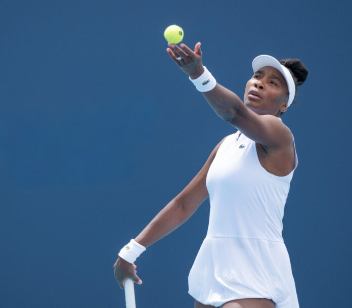 Venus Williams serving at the Miami Open 2026