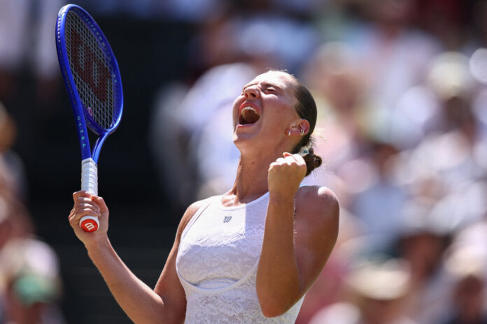 Ukraine's Marta Kostyuk celebrates beating Paolini at Wimbledon