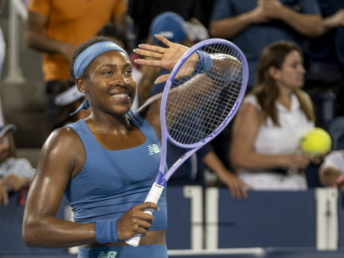 Coco Gauff celebrates after winning her semifinal at the 2026 Cincinnati Open in Mason, Ohio.
