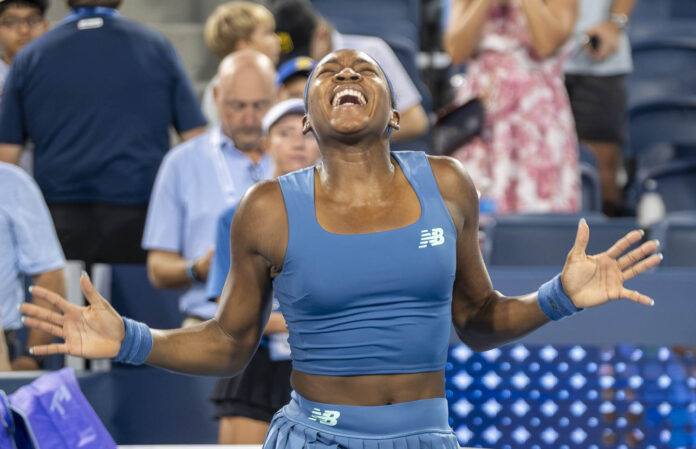 Coco Gauff celebrates after beating Jessica Pegula at the 2026 Cincinnati Open Finals