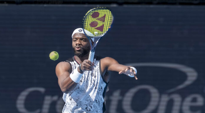 Francis Tiafoe hits a return during the Cincinnati Finals 2026 against Arthur Fils
