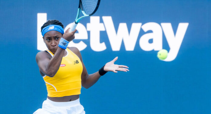 Coco Gauff hits a return at the Miami Open