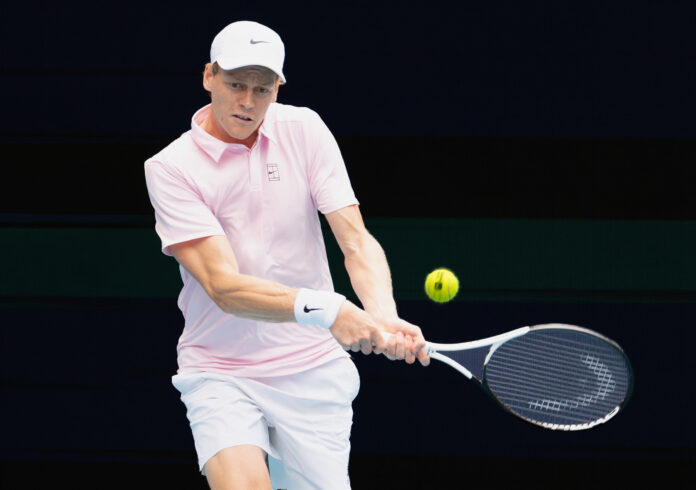 Jannik Sinner hits a backhand at the Miami Open