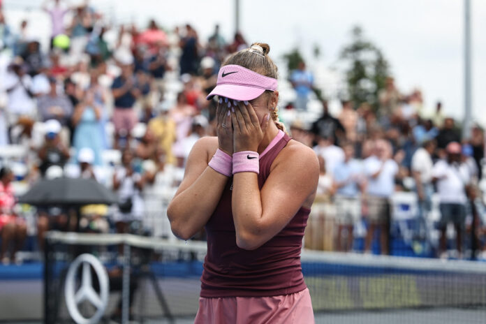 Kristina Liutova react after defeating Darja Vidmanova of the Czech Republi