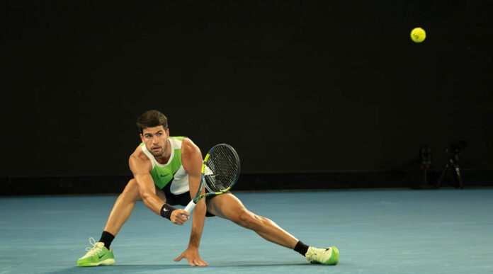 Carlos Alcaraz of Spain looks at his return at the Australian Open 2026