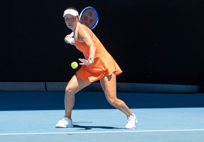 Jessica Pegula about to hit a forehand return at the Australian Open