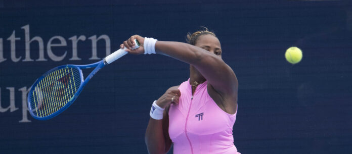 Townsend hits a return at the Cincinnati Open