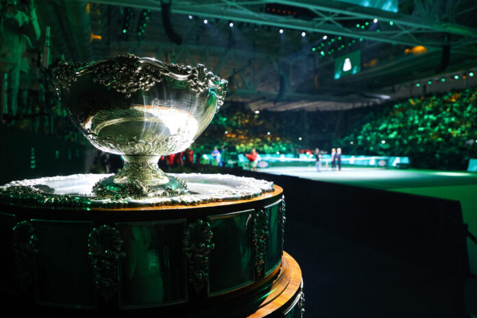 Davis Cup trophy with court in background