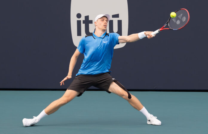 Denis Shapovalov of Canada returns a shot at the 2024 Miami Open