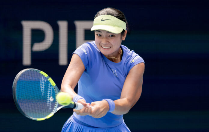 Alexandra Eala hits a return at the Miami Open 2026 at Hard Rock Stadium