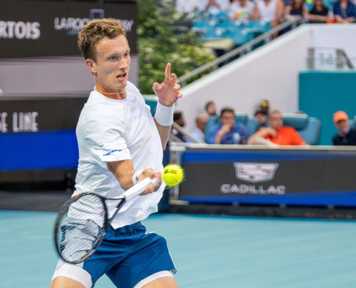 Jiri Lehecka hits a return at the Miami Open 2026
