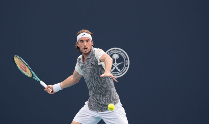 Stefanos Tsitsipas about to hit a return at the Miami-Open