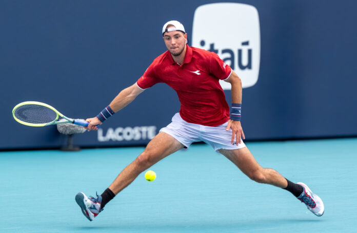 Jan-Lennard Struff of Germany returns a shot during the Miami Open at Hard Rock Stadium in 2024 in Miami