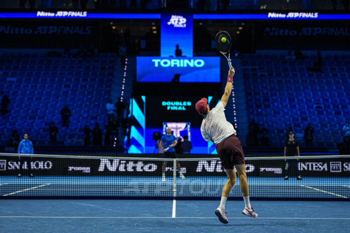 Jannik Sinner of Italy practices before playing in the Men's Singles Round at the Nitto ATP Finals 2025 in Turin, Italy