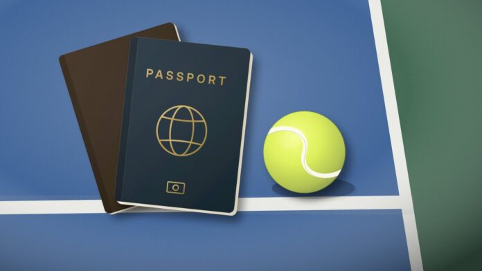 Two passports and a tennis ball on a hard court, illustrating how tennis players change nationality